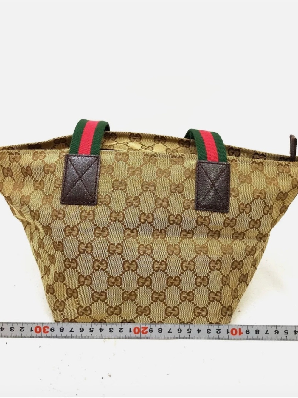Gucci Sherry Line Top Handle Brown Canvas Bag with Red and Green Stripe - Picture 2 of 9